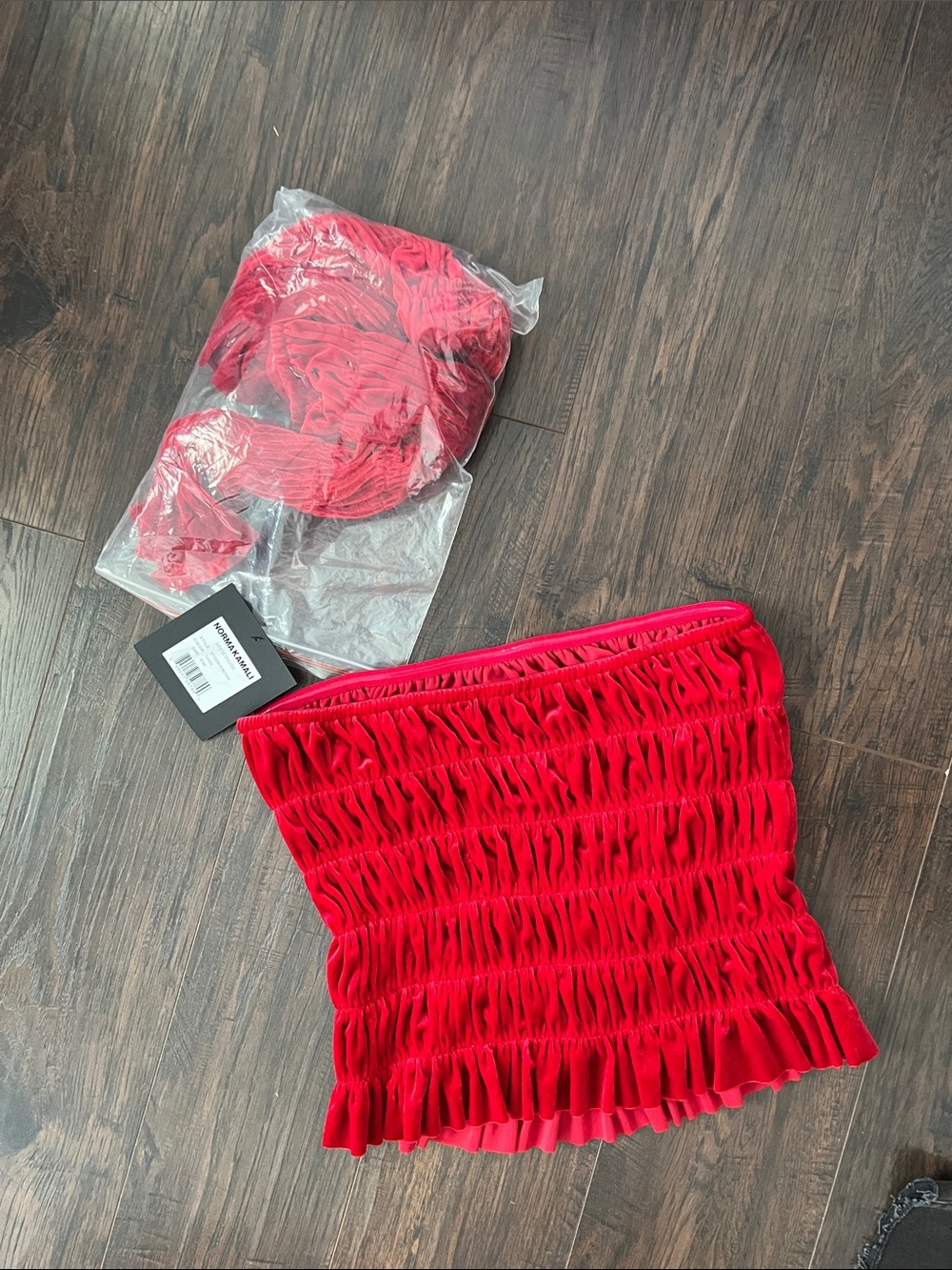 Norma Kamali Red Ruched Strapless Tube Top